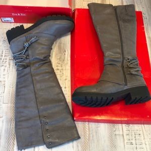 Boots, at/below knee, front smooth, back suede pleather, warm soft inner lining